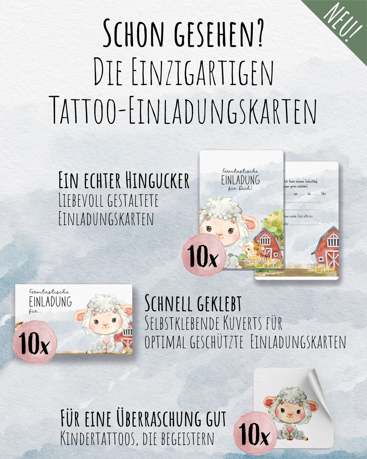 Mitgebsel Kindertattoos "Mäh & Muh vom Bauernhof" – 6 gleiche Bögen Kindertattoos lilaliebtdich 