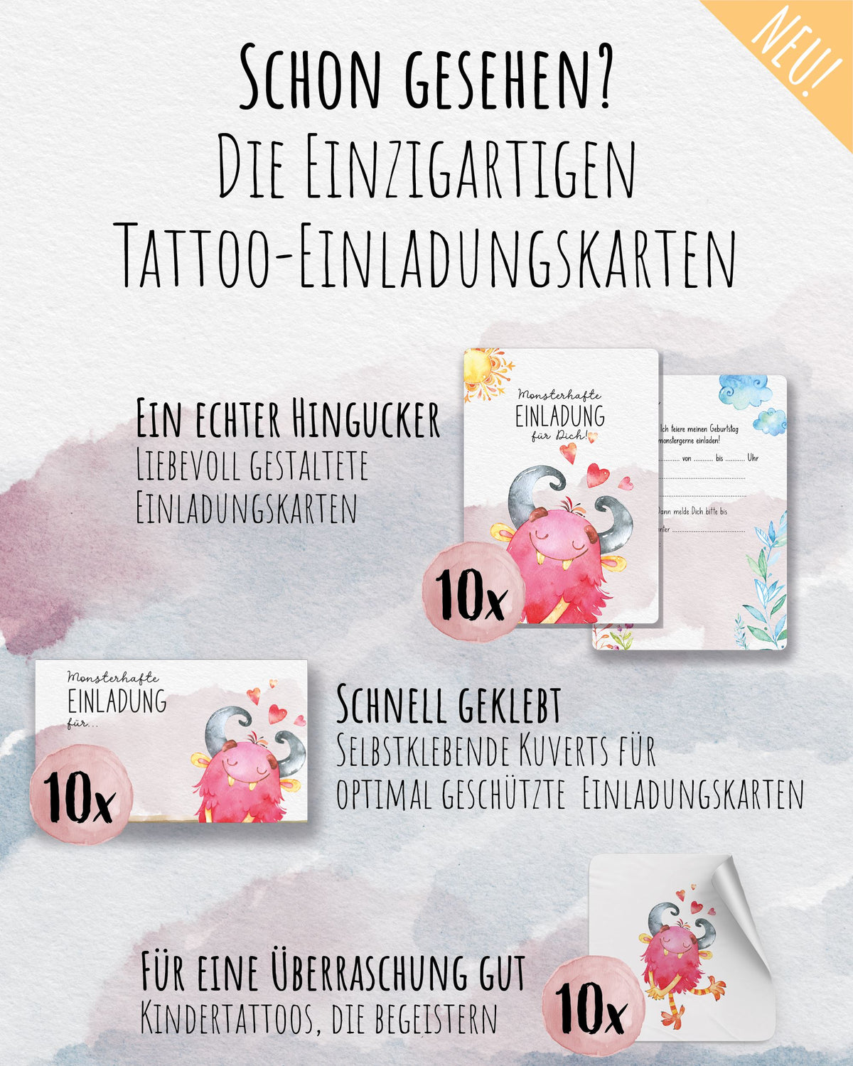 Mitgebsel Kindertattoos "Süße Drachen & Monster" – 6 gleiche Bögen Kindertattoos lilaliebtdich 
